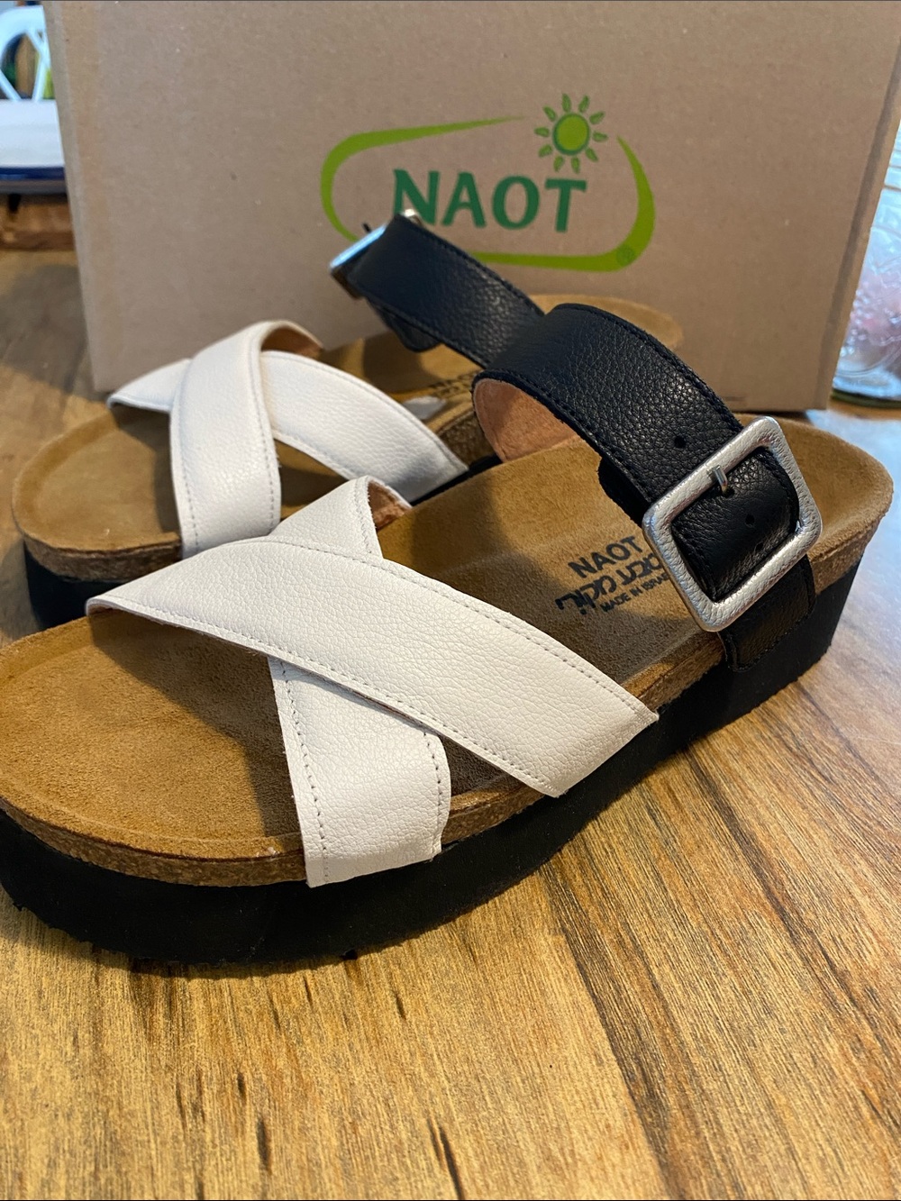 Naot Juliette Two-Tone White and Black Cross-Strap Sandals